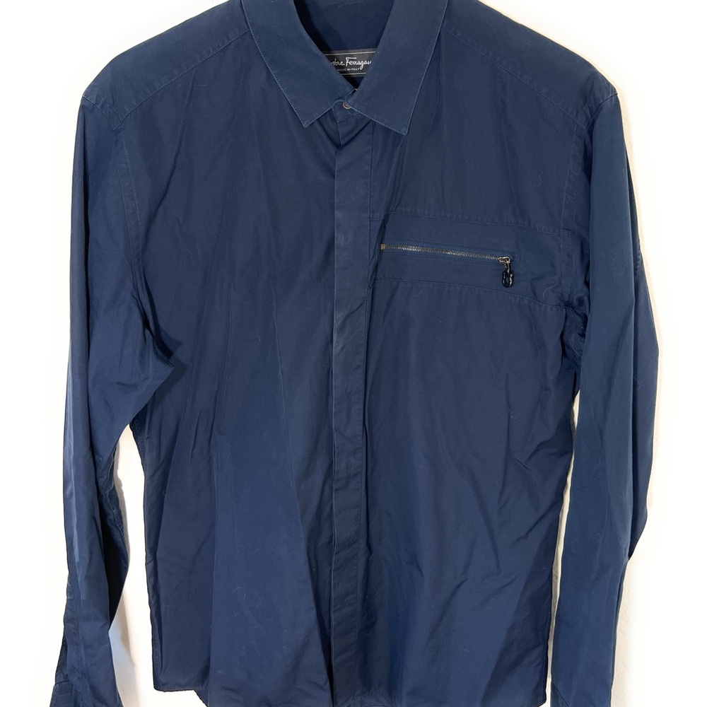 Salvatore Ferragamo Shirt Mens L Blue Button Down Long Sleeve Collared Italy